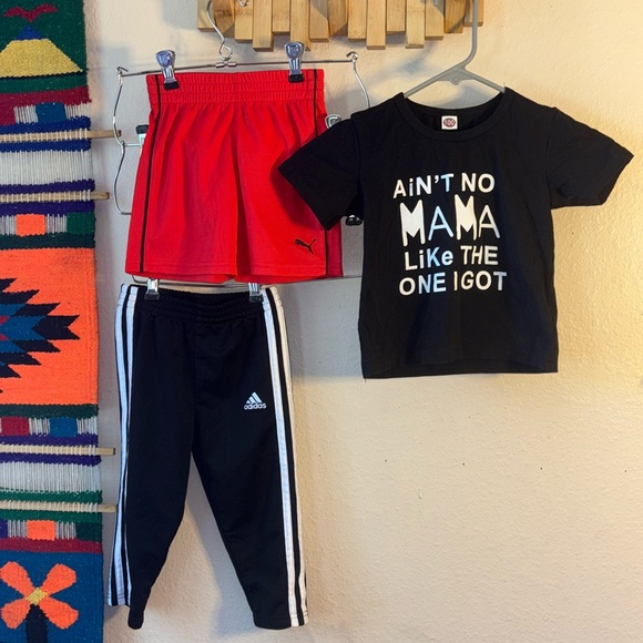 2T toddler boy bundle includes black Adidas pants with white stripe, red puma s - Picture 1 of 8